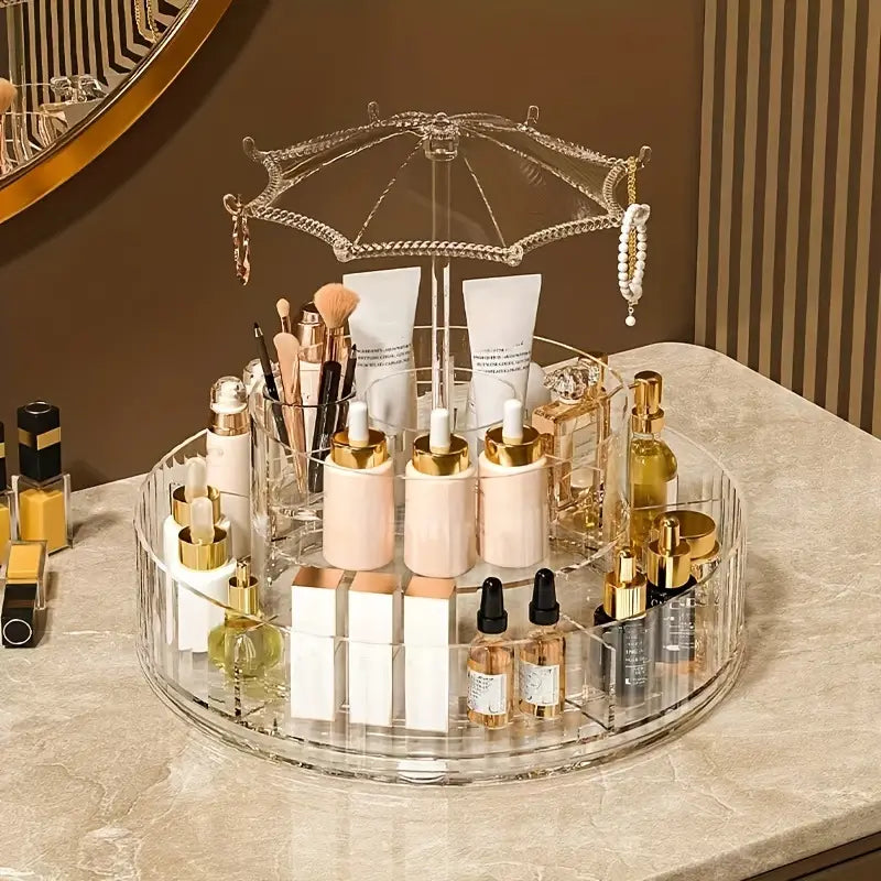 Umbrella Makeup Organizer, Transparent 360 Rotating Cosmetic Storage Box, Large Cosmetic Display Case for Vanity, Spinning Cosmetic Storage Holder Rack, Double Layered Beauty Storage Rack, 2 Level Multipurpose Cosmetic Jewellery Case Umbrella Makeup Organizer, Transparent 360 Rotating Cosmetic Storage Box, Large Cosmetic Display Case for Vanity, Spinning Cosmetic Storage Holder Rack, Double Layered Beauty Storage Rack, 2 Level Multipurpose Cosmetic Jewellery Case